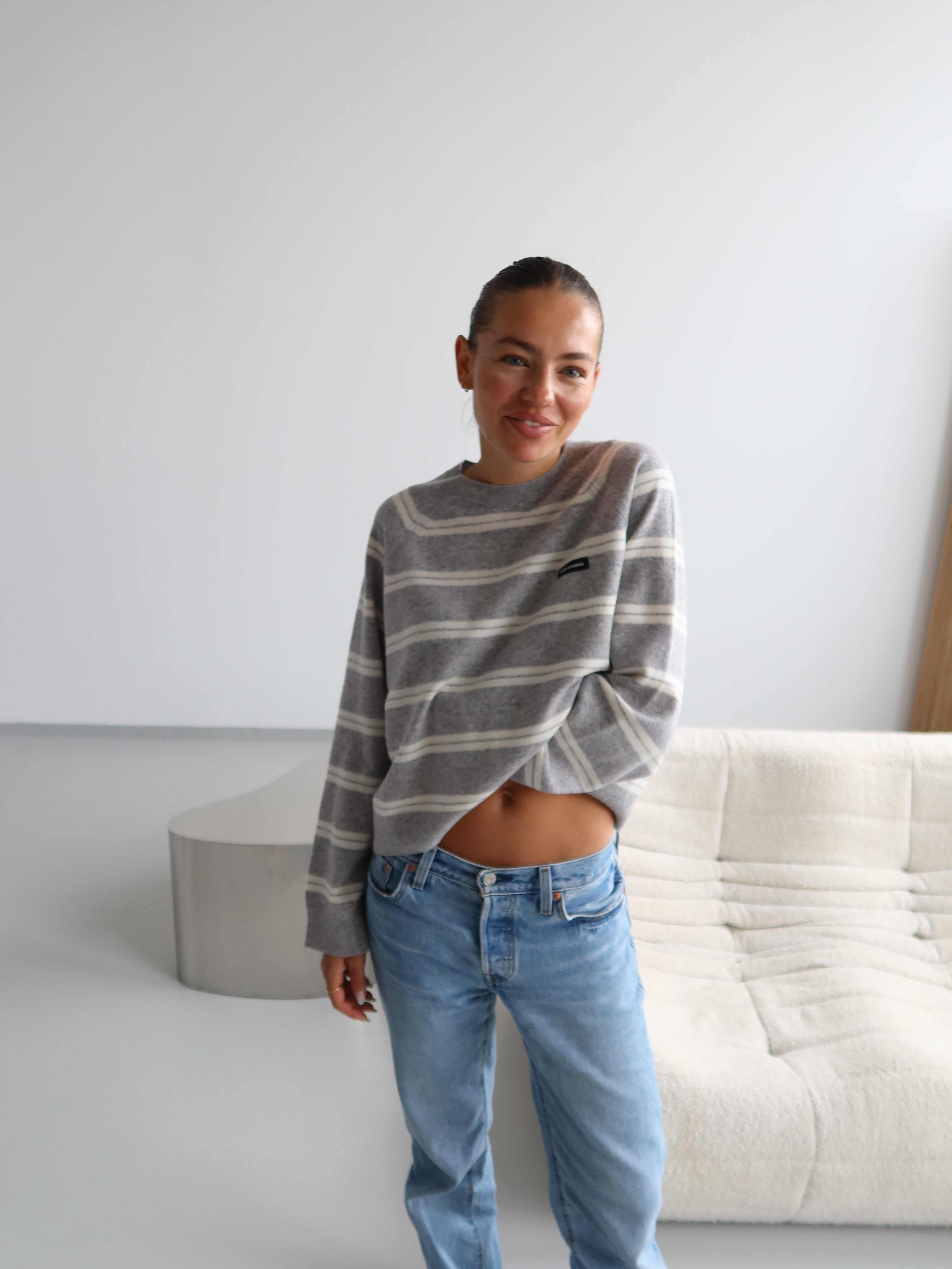 ANNA CREWNECK grey melange/ butter stripes